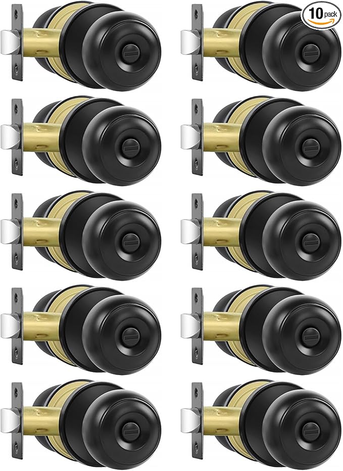 RAZCC Privacy Door Knobs, 10 Pack Matte Black Door Knobs with Lock, Bed and Bath Door Knob Interior Keyless Locksets, Round Door Handles Reversible for Left Right Handed Doors