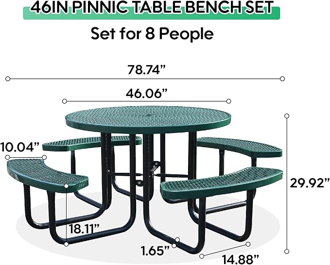 Sunnibety 8-Person Picnic Tables for Outdoors, Industrial 46" Expanded Metal Round Picnic Table with 4 Benches & Umbrella Hole, Outside Table and Bench Set for Park, Garden, Backyard, Patio, Green