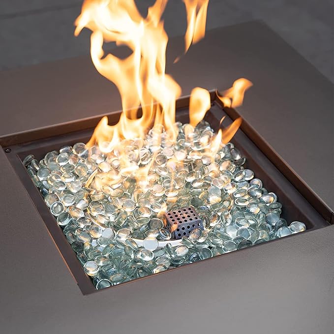 onlyfire Flat Fire Glass Beads for Propane Fire Pit, 1/2 Inch Reflective Firepit Glass Rocks 10 Pounds Flat Marbles for Gas Fireplace and Fire Pit Table, Crystal Ice