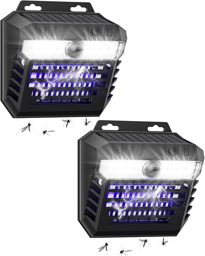 2-in-1 Solar Bug Zapper Outdoor Waterproof with Motion Sensor Light, Cordless Mosquito Zapper Outdoor with 3 Modes, Rechargeable Mosquito Killer Lamp for Patio (Black)