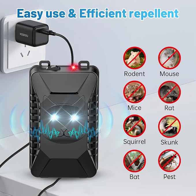 Ultrasonic Rodent Repellent, 2 Pack Plug-in Mouse Rat Pest Bat Squirrels Skunks Repellent for Car with Battery Powered Under Hood, Keep Mice Out of Cars Engines, Indoor, Garage, Storage Room