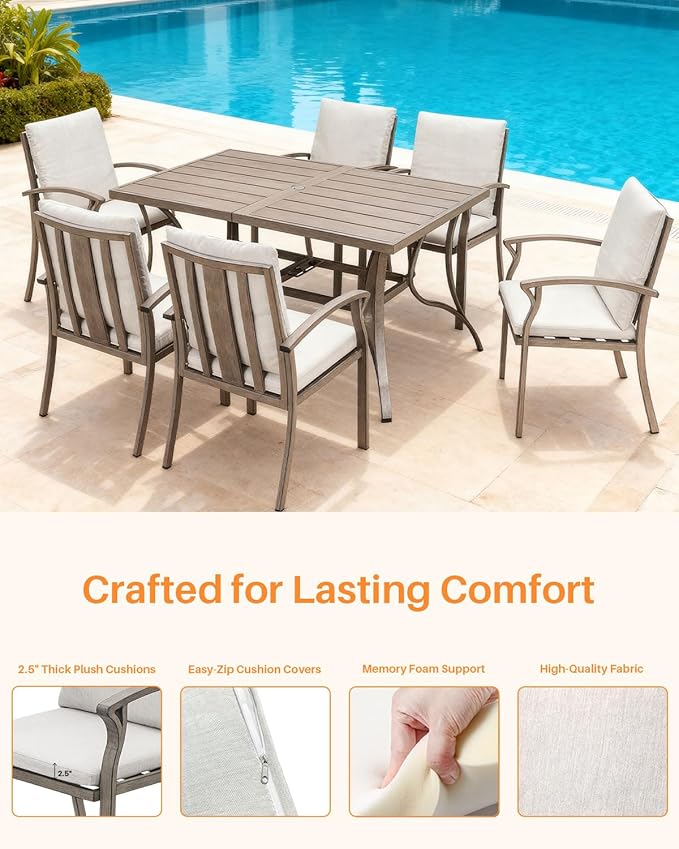 SEEHILL Patio Dining Chair Set of 6, Outdoor Dining Chairs with Thick Cushion, Sturdy Aluminum Outdoor Chairs for Table, Outdoor Dining Furniture Set for Deck, Garden, Backyard, Pool, Limed Oak