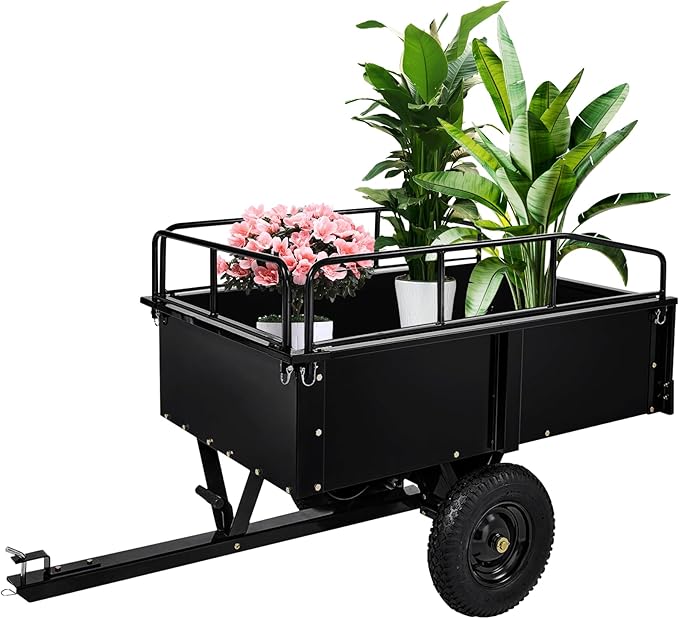 Heavy Duty ATV Trailer Steel Dump Cart, 750 Lbs 15 Cubic Feet Garden Trailer Pull Behind with Removable Sides & All Terrain Tires for Lawn Mower, ATV & Yard Work