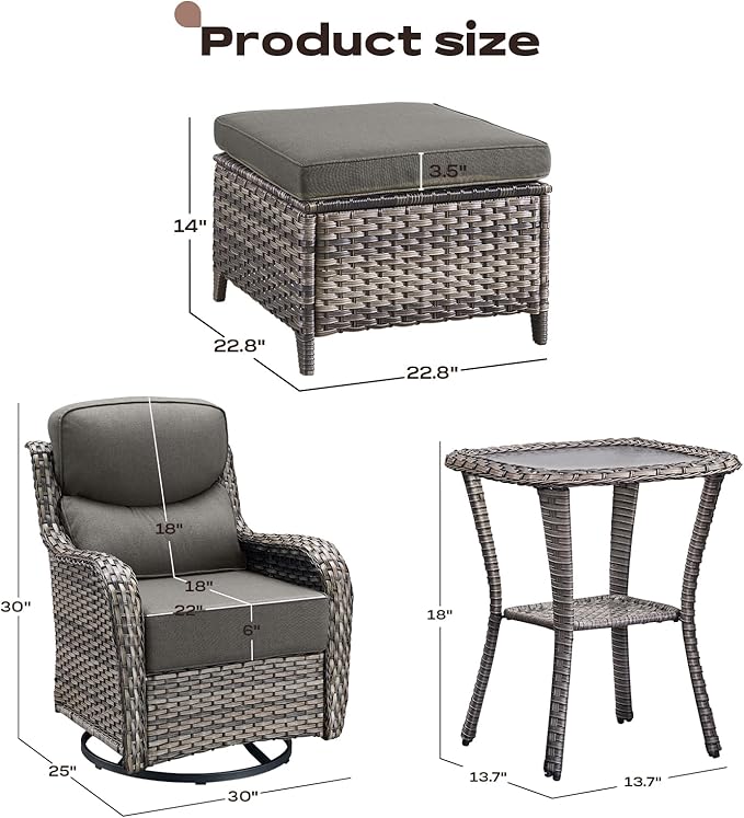 Rilyson Wicker Outdoor Patio Furniture Set - 5 Piece Patio Conversation Sets with Swivel Rocker Chairs, Ottomans and Side Table, 6 inch Cushions, Waterproof Wicker, for Porch Deck Mixed Grey/Grey