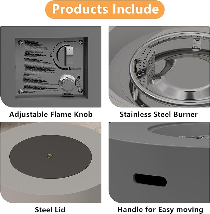 32 inch Round Propane Fire Table, 50,000 BTU Gas FirePit, Patio Fire Pit Table with Steel Lid, Rain Cover, 10ft Propane Hose, Lava Rocks, Grey