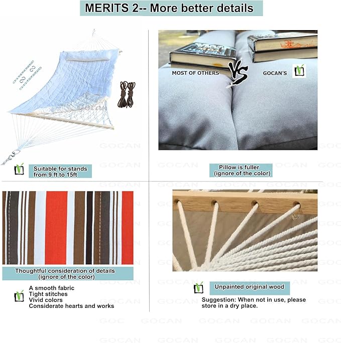 GOCAN Mesh Hammock,Cotton Rope hammocks with Pad Chains Hooks Tree Straps fit Stands from 9' to 15' for Outside Indoor Patio Yard