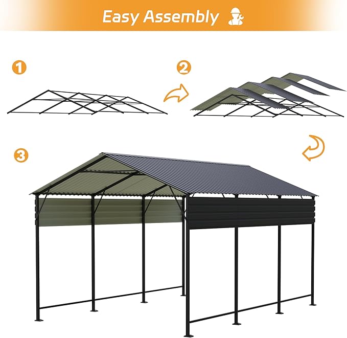 Patiowell 10'x15' Metal Carport with Heavy Duty Frame, Outdoor Carport Canopy with Galvanized Steel Roof, All-Weather Car Shelter Garage for Car, Truck, Boat and Tractor, Black