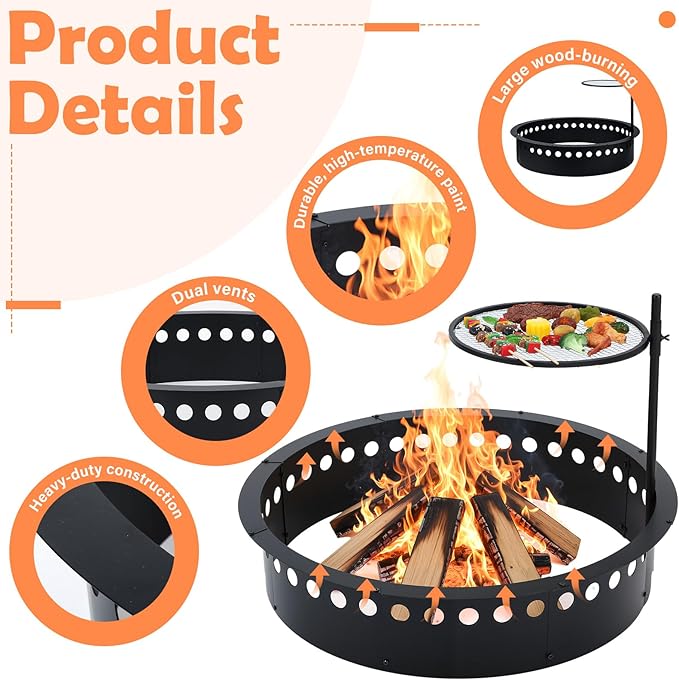 36 Inch Smokeless Fire Pit Ring with Grill Fire Ring for Outside Heavy Duty Metal Firepit Insert Round Steel Large Above/In-Ground Camping Firepit for Outdoor Patio Picnic BBQ Garden