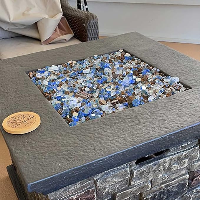 GRISUN Fire Glass Blended for Fire Pit, 1/2 Inch 10 Pounds High Luster Reflective Tempered Glass Rocks for Natural or Propane Fireplace, Safe for Outdoors and Indoors Fire Pit, Copper, Blue, White