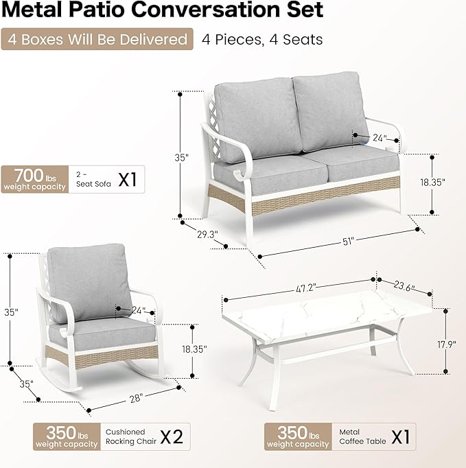 SUNSHINE VALLEY 4 Piece Metal Outdoor Patio Furniture Set, Patio Conversation Sets 1 2-Seater Sofa, 2 Single Sofa with 5.75" Extra Thick Cushion and Coffee Table, White Frame Backyard Furniture, Gray