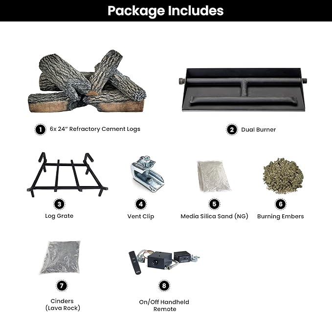 24" Premium Gas Logs - Remote Control Kit Included - for Natural Gas Vented Fireplaces - Blazing Oak Design (Logs + Remote Light Kit)