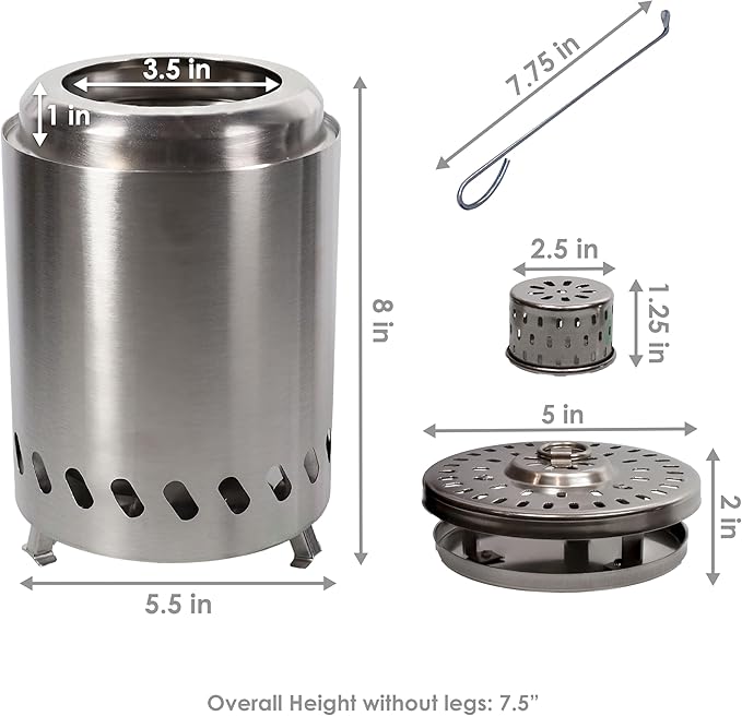 Sunnydaze Tabletop Smokeless Fire Pit with Foldable Legs, Storage Bag, and Poker - Pellet or Wood Burning Portable Fire Pit for Camping - 8-Inch H - Silver