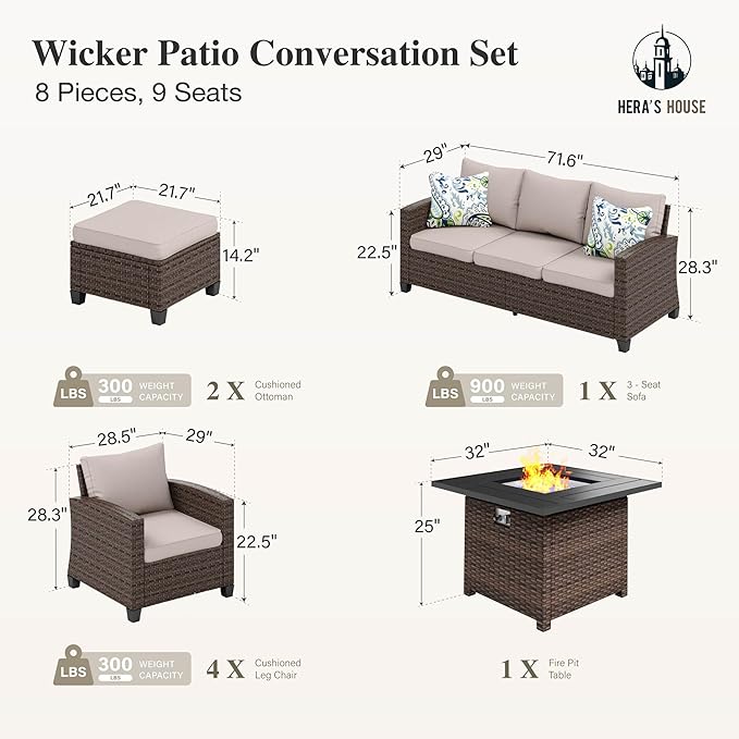 HERA'S HOUSE 8 Pieces Wicker Patio Furniture Set with Fire Pit Table, 4 x Single Chair, 2 x Ottoman, 3-Seat Sofa and 32" Fire Pit Table, Outdoor Rattan Conversation Set for Garden, Poolside, Backyard