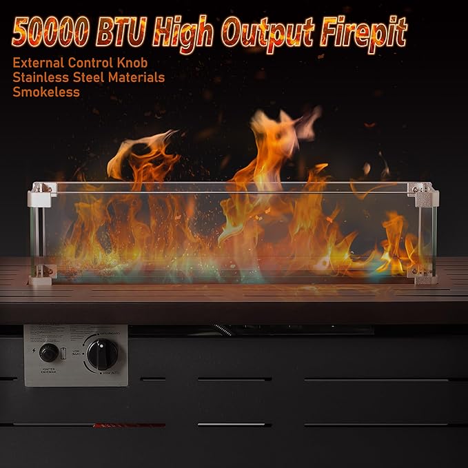 Fire Pit Table, 43" Outdoor Fire Pit Table, 50,000 BTU Gas Fire Table with Lid, Glass Wind Guard for Outside Garden Backyard Deck Patio
