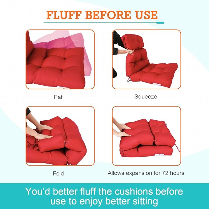 EAGLE PEAK Tufted Outdoor/Indoor High Back Patio Chair Cushions, Set of 2, 46'' x 22'', Bright Red