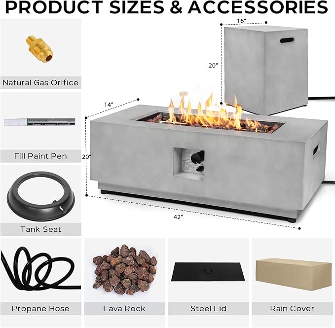 42 Inch Propane Fire Pit Table w/Tank Cover Table, Modern Gas Fire Pits for Outside Patio, CSA Certified Ignition Systems Firepit, 50,000 BTU Outdoor Fire Table for Patio Backyard Deck