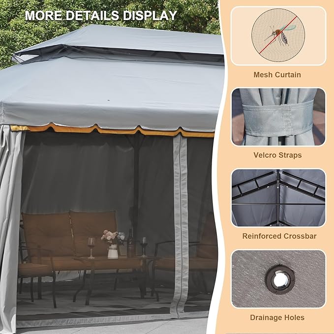 MELLCOM Grey 10x20 Outdoor Patio Canopy Gazebo, Double Roof Patio Pergolas Steel Frame with Netting and Shade Curtains for Garden,Party Canopy