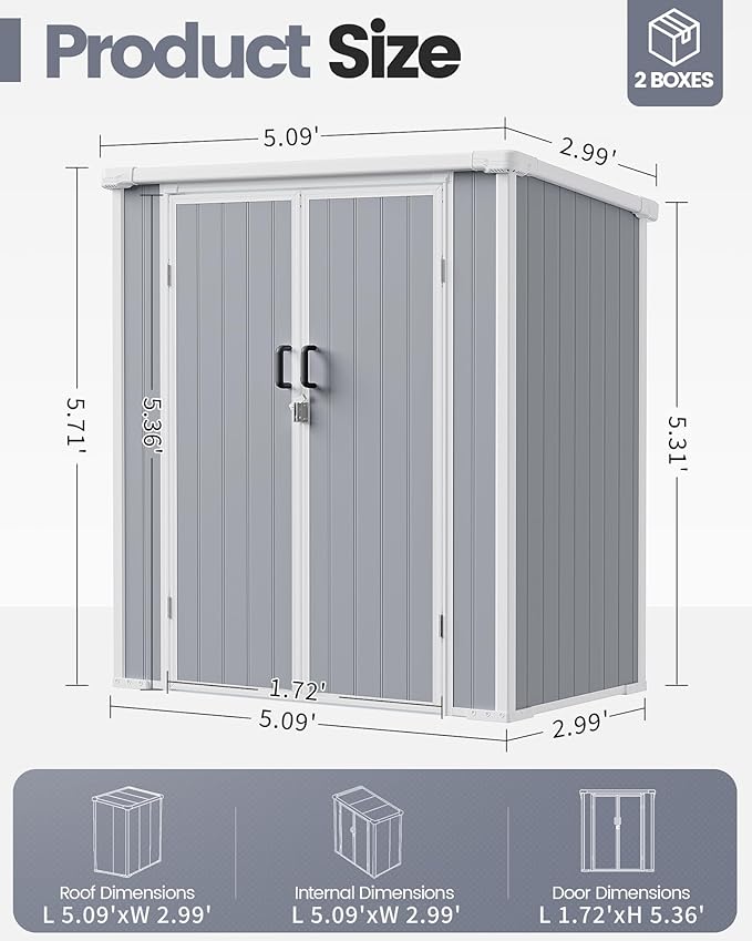 5x3 ft Outdoor Storage Shed with Floor, All-Weather Resin Tool Shed with 2 Shelves, Heavy-Duty Garden Shed for Yard, Bicycle, and Lawn Equipment, Easy Assembly, Aritic Light Gray