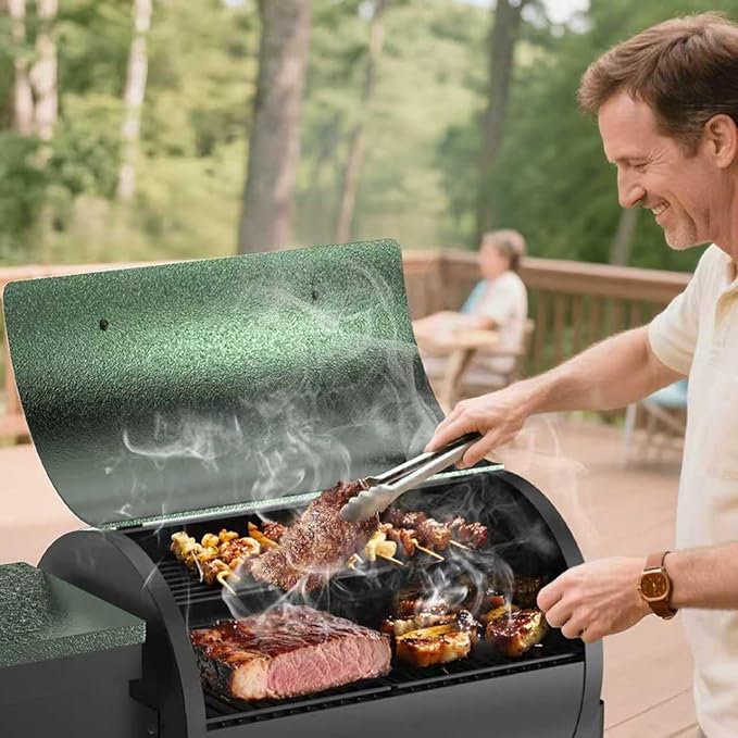 Electric Pellet Grill 456 SQ.IN Cook Area Pellet Smoker with Auto Feed & PID Controller 500°F Max Temperature 8 in 1 BBQ Grill with Meat Probe & Side Table with Hooks Perfect for Outdoor BBQ