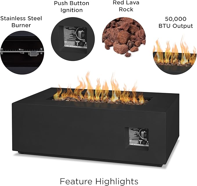 Real Flame Aegean 42in Rectangle Propane or Natural Gas Fire Pit Table, 50,000 BTU, Powder-Coated Steel, Push-Button Ignition, CSA Certified, Lava Rock, Storage Cover, Stainless Steel Burner with Lid