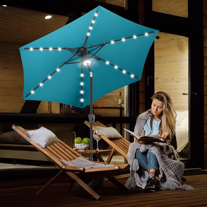 FLAME&SHADE 7.5 ft Solar Powered Outdoor Market Patio Table Umbrella with LED Lights and Tilt, Aqua Blue
