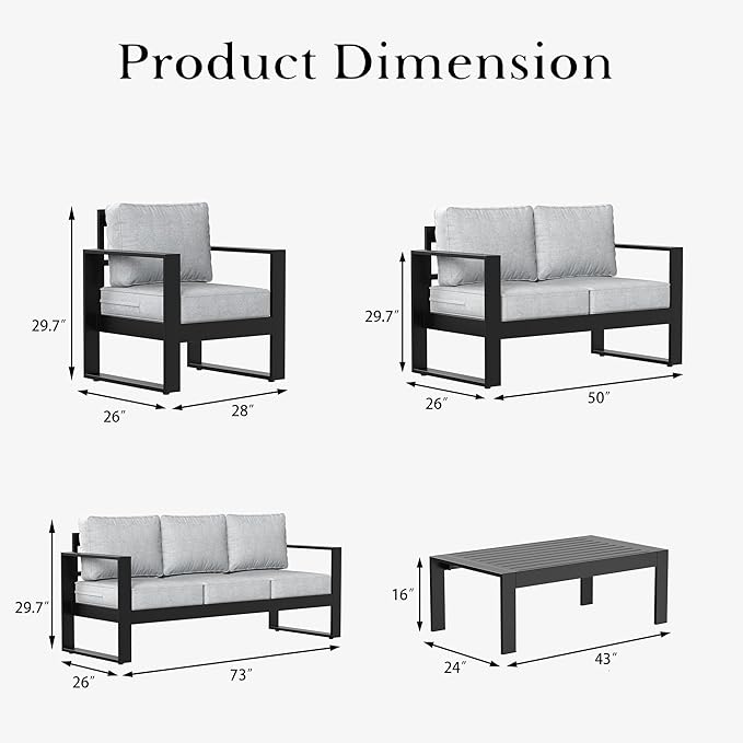 LayinSun 5 Pieces Aluminum Outdoor Patio Furniture Set, Metal Modern Conversation Sofa Set with Coffee Table and Washable Thick Cushions for Porch, Backyard, Deck