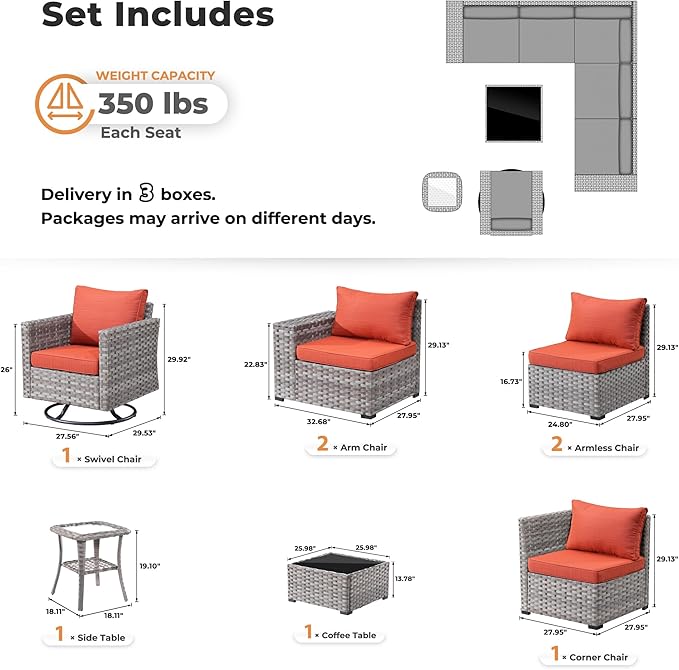 ovios 8 Pieces Patio Furniture Set, Outdoor Wicker Sectional Sofa with Swivel Chair Coffee Table, Modern Modular Deep Seat Rattan Couch Conversation Sets, Orange Red