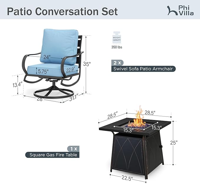 PHI VILLA 5 Piece Patio Furniture Set with 28" Firepit Table, 4 Outdoor 5.75" Cushioned Metal Frame Swivel Sofa Chairs & 28" Gas Firepit Table, Outside Furniture Set for Lawn Garden(Light Blue)