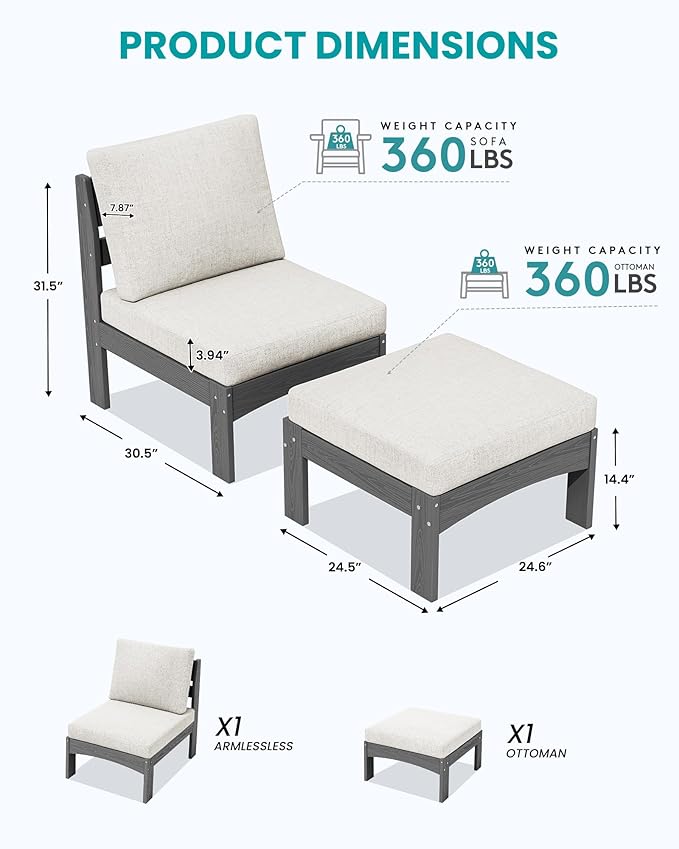 SERWALL 2 Pieces Patio Sofas, HDPE Outdoor Conversation Set with Cushions and Ottoman, Modular Sectional Patio Furniture for Backyard, Deck, Garden, Poolside, Grey Frame with Khaki Cushion