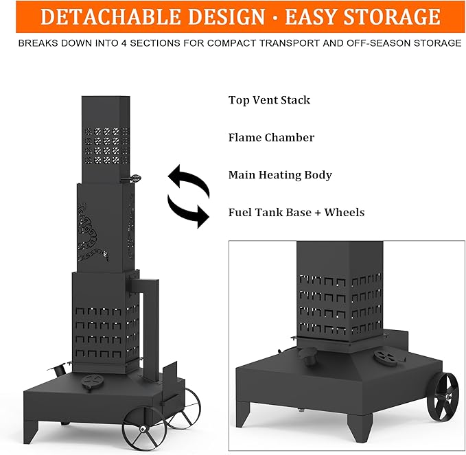 51" Smudge Pot Heater with Wheels, 7-Gallon Waste Oil Patio Heater,Heavy-Duty Steel Pyramid Design,Portable Fireplace for Backyard, Porch, Patio and Garden (Snake)
