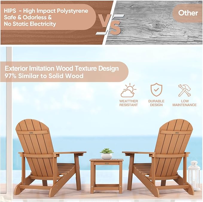 Adirondack Chairs Set of 4, All Weather Resistant Plastic Chairs with Cup Holder, 5 Easy Steps to Install, Outdoor Chairs for Patio, Garden, Backyard Deck, Lawn, Fire Pit - Teak