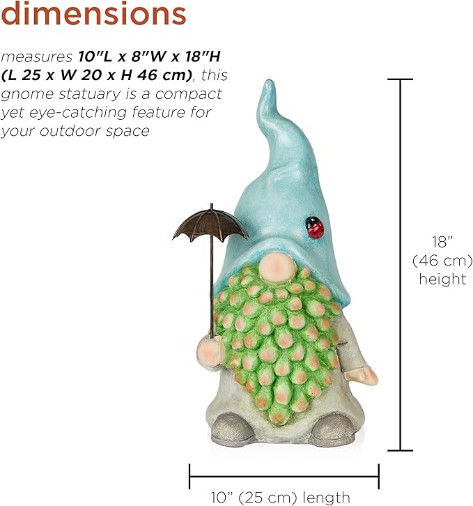 Alpine Corporation 18" Tall Outdoor Turquoise Hat Gnome Statue Holding Silver Umbrella, Playful Weatherproof Garden Decor