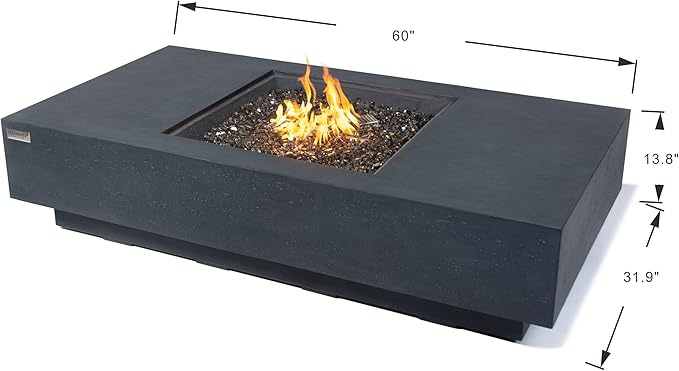 Elementi+ | Cannes Gas Fire Pit Cast Concrete 60" Rectangular Fire Table, Outdoor Fire Pit Electronic Ignition | Canvas Cover, Fire Glass and Burner Lid Included | Dark Gray | Natural Gas