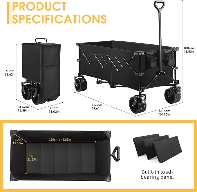 49''L Collapsible Foldable Extended Wagon with 560lbs Weight Capacity, Heavy Duty 300L Folding Utility Garden Cart with Big All-Terrain Beach Wheels & Drink Holders. Black