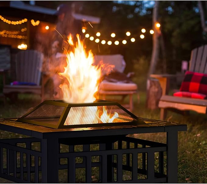 Tuoze 32-inch Fire Pits Outdoor Patio Metal Multifunctional Firepit Table with Waterproof Cover for Camping Bonfire Party Picnic BBQ Backyard Garden Outside Heating,black
