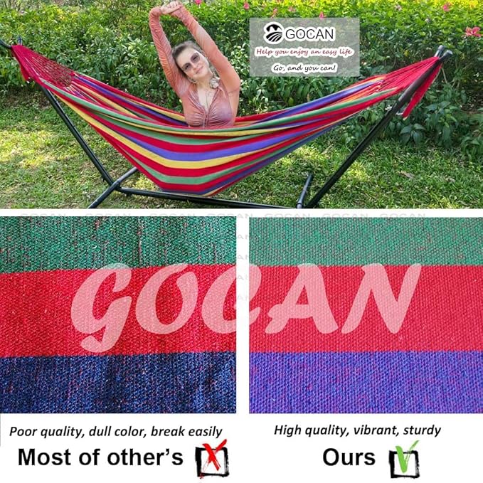 GOCAN Brazilian Double Hammock 2 Person Extra Large Canvas 250x160cm Total Length 350cm Load 500lb Cotton Hammock for Garden Outdoor and Indoor Rainbow(98 * 65'')