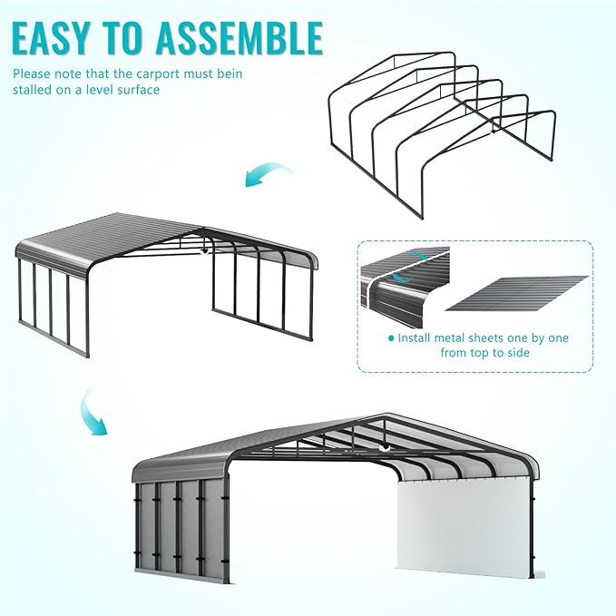 20x20 Metal Carport, Heavy Duty 2-Car Carport Canopy, Galvanized Steel Roof Car Tent Garage, CarPorts with Removable Polyethylene Sidewalls