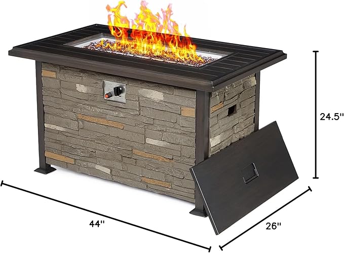 Vicluke 44 Inch Aluminum Propane Fire Pit Table w/Faux Ledgestone, Hand-Painted Table Top, 50,000 BTU Fire Table w/CSA Certification,Waterproof Cover,Glass Rock for Outdoor, Patio, Christmas(Grey)