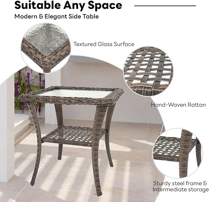 Belord Handwoven Wicker Side Table - 20 Inch Small Outdoor Table 2 Tier Storage with Tempered Glass Top, All Weather Outdoor Patio End Tables for Deck Balcony Outside Brown