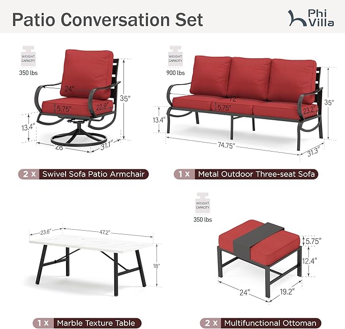 PHI VILLA 6 Piece Patio Furniture Sets with 1 x 3-Seat Deep Seating Bench, 2 x Cushioned Swivel Sofa Chairs, 1 x Coffee Table & 2 Ottoman, Outdoor Metal Conversation Set for Lawn Garden Yard, Red