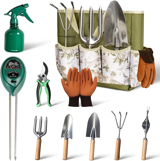 Garden Tool Set,10 Pcs Heavy Duty Gardening Hand Tools Set with Soil Moisture Meter and Storage Tote Bag,Rust-Proof Garden Supplies Kit for Planting,Ideal Gardening Gifts for Women