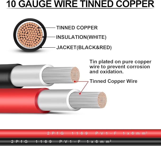 iGreely Solar Panel Extension Cable - 10 Feet 10AWG(6mm²) Solar Extension Cable with Female and Male Connector Solar Panel Wiring Wire Adapter (10FT Red + 10FT Black)