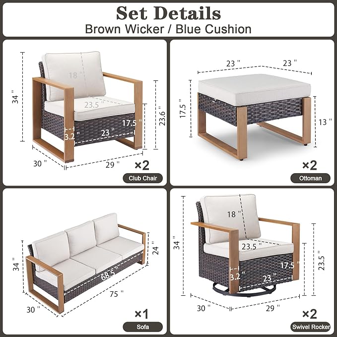 Belord Modern Outdoor Patio Furniture 7 - Person Outdoor Swivel Glider Seating Group, Backyard Wicker Furniture Set with Aluminum Armrests, Brown Wicker Beige Cushion