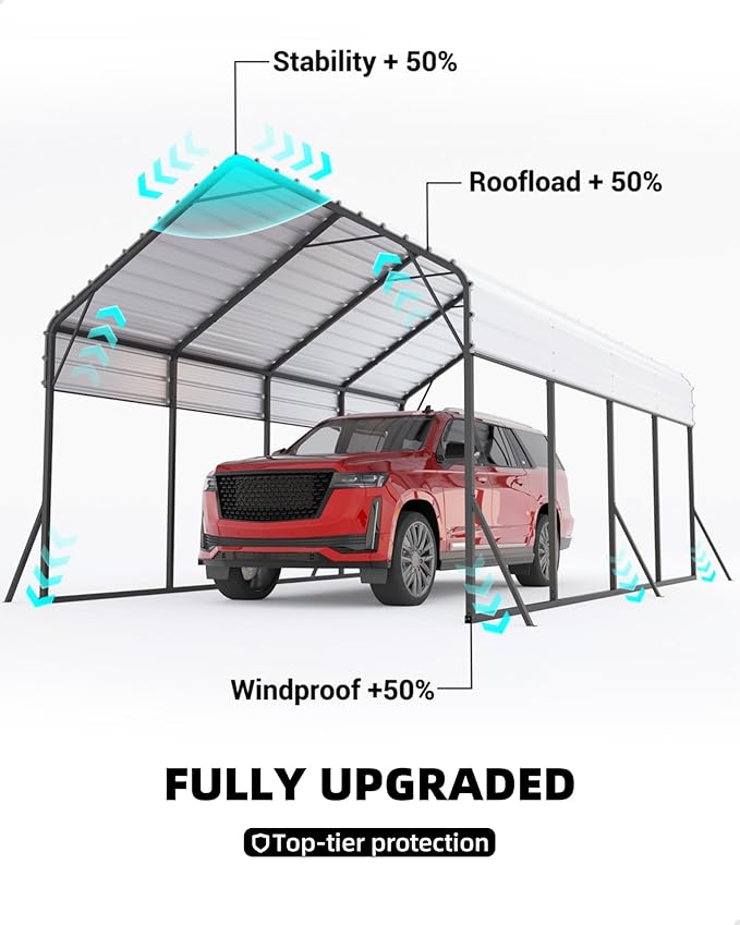 Garveelife 13 ft x21 ft x11 ft Oversized Metal Carport, Steel Heavy Duty Carport for All-Weather, Permanent Shelter for Bass Boats, Pickup Trucks, and Tractors, N.W. 660 LBS