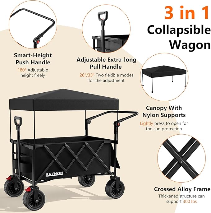 3 in 1 Collapsible Wagon with 300lbs Weight Capacity,150L Heavy Duty Utility Cart with Removable Canopy,with Big All-Terrain Beach Wheels & Drink Holders,Black