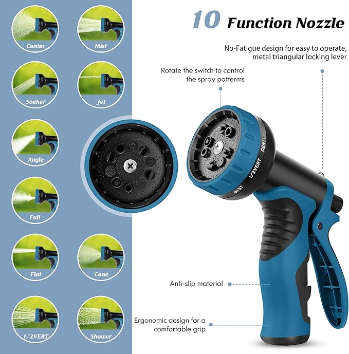 Garden Hose 50FT, Water Hose with 10 Function Nozzle, Garden Hose Metal with Leak-proof Connectors, No-Kink, Lightweight, Puncture-proof, Pet-proof, Sturdy, 550PSI, Hose for Outdoor, Yard