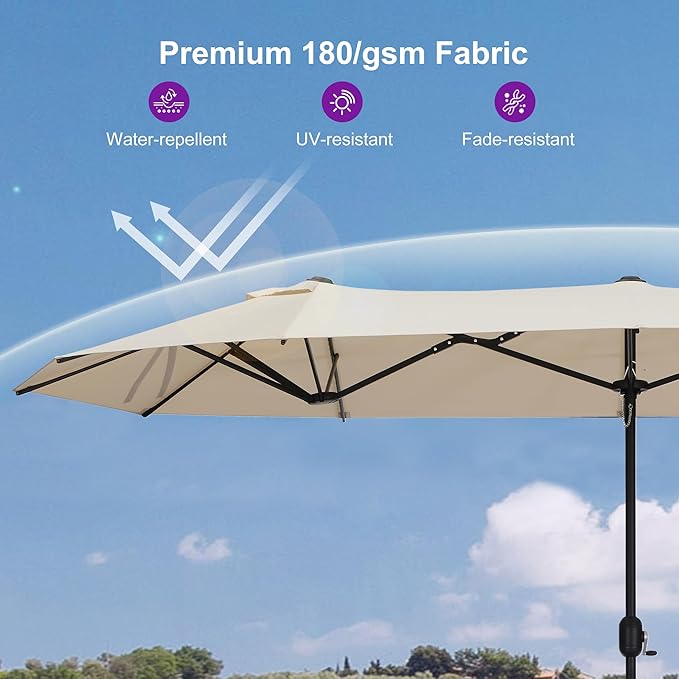 PURPLE LEAF 13ft Patio Market Umbrella with Base Double-Sided Rectangle Outdoor Table Sun Umbrellas with Crank 12 Heavy Duty Sturdy Ribs for Pool Beach Deck Backyard Khaki