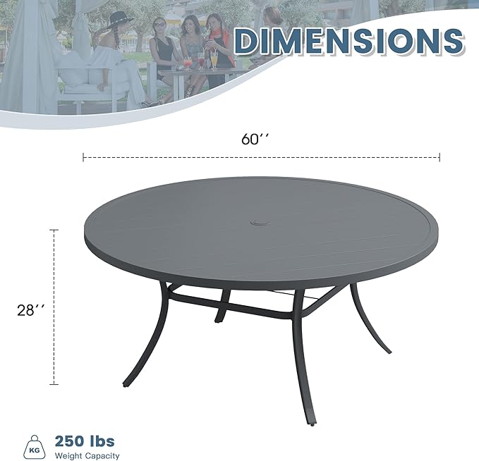DIFY 60" Round Outdoor Patio Dining Table for 8-10, Metal Patio Table with 1.57" Adjustable Umbrella Hole, All-Weather Dining Furniture Table for Backyard Lawn Garden, Grey