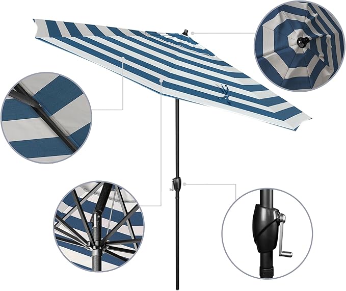 California Umbrella 9' Rd Aluminum Patio Umbrella, Crank Lift, Auto Tilt, Black Finish, Sunbrella Cabana Regatta