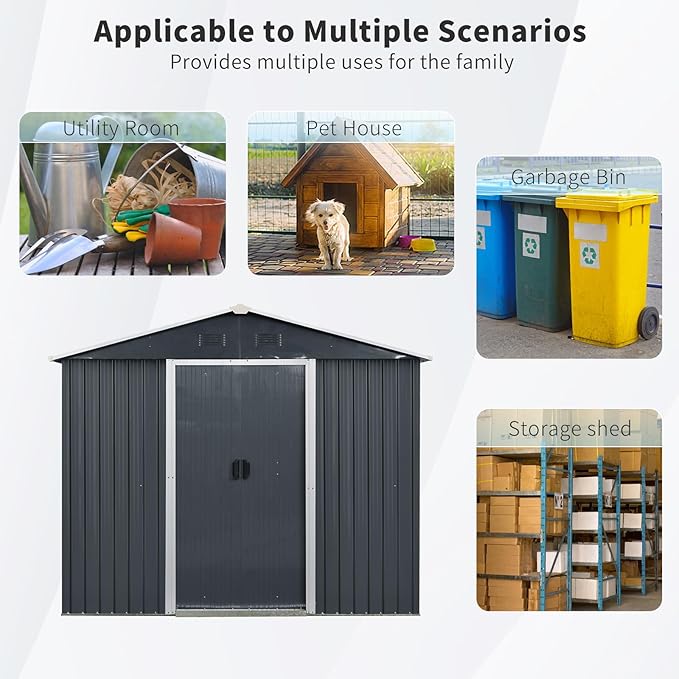 Outdoor Storage Shed, 8x4ft Metal Storage Shed with Vents and Metal Foundation, Lockable Sliding Door, All Weather Tilted Roof Tool Shed for Backyard, Patio, Lawn, Black